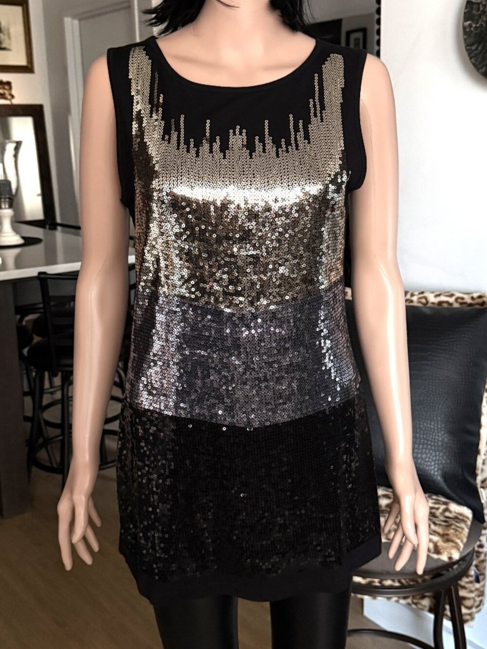 TRIBAL Slinky Metal Gold Silver Black Tri-Tone Colorblock Sequin Tunic | M | VGC